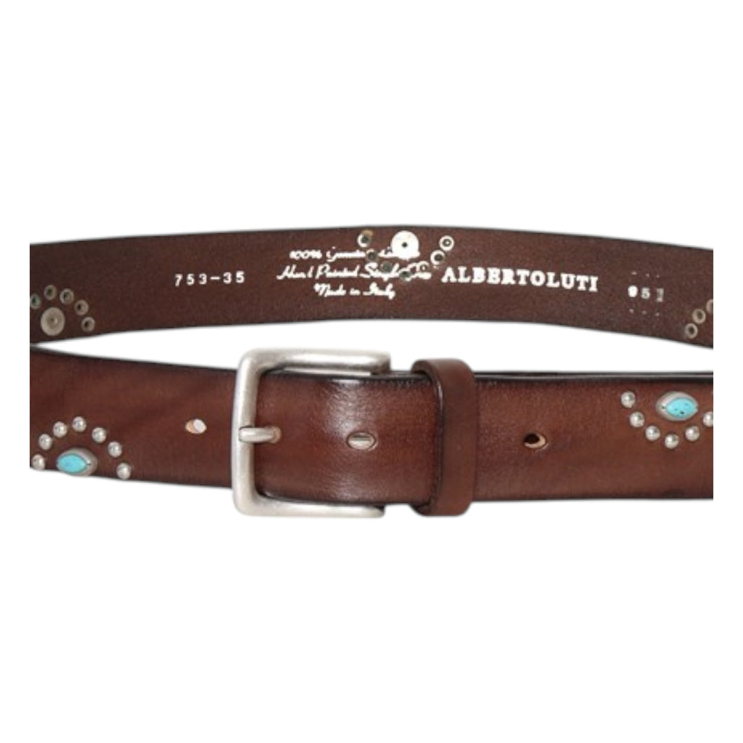 GENUINE VINTAGE LEATHER BELT STUDS &amp; TURQUOISE BROWN