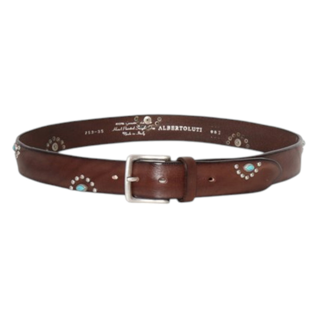 GENUINE VINTAGE LEATHER BELT STUDS &amp; TURQUOISE BROWN