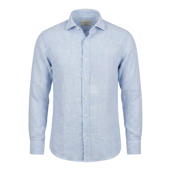 Long Sleeve Custom Fit 100% Linen Striped Shirt Light Blue-White Washed