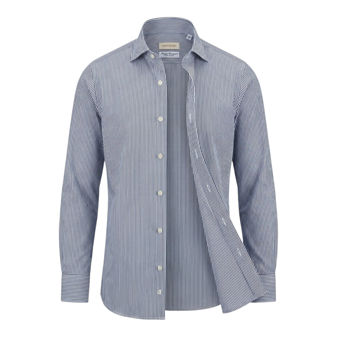 Custom Fit Long Sleeve Striped Cotton Shirt Blue-White