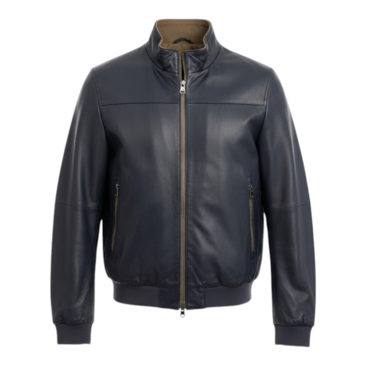 Reversible Genuine Leather and Nylon Jacket Navy Blue-Military
