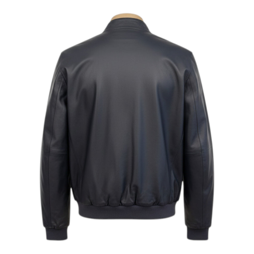 Reversible Genuine Leather and Nylon Jacket Navy Blue-Military