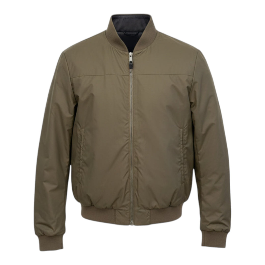 Reversible Genuine Leather and Nylon Jacket Dark Brown-Military