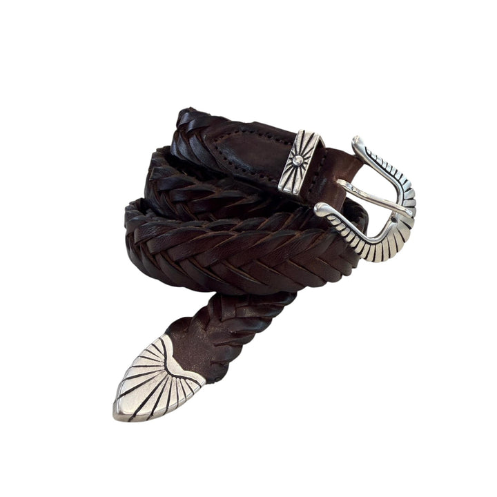 WOVEN LEATHER BELT DARK BROWN