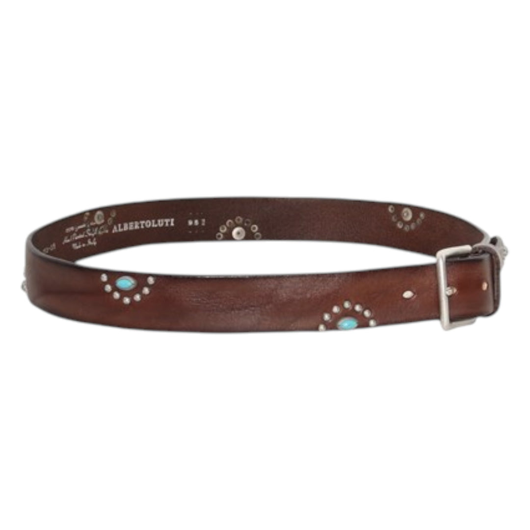 GENUINE VINTAGE LEATHER BELT STUDS &amp; TURQUOISE BROWN