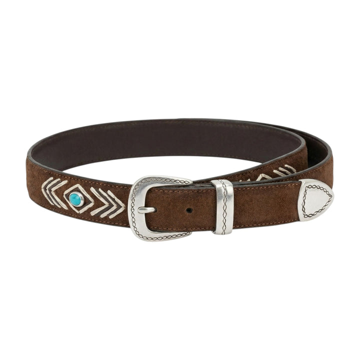Embroidered Genuine Leather Belt with Burnt Turquoise