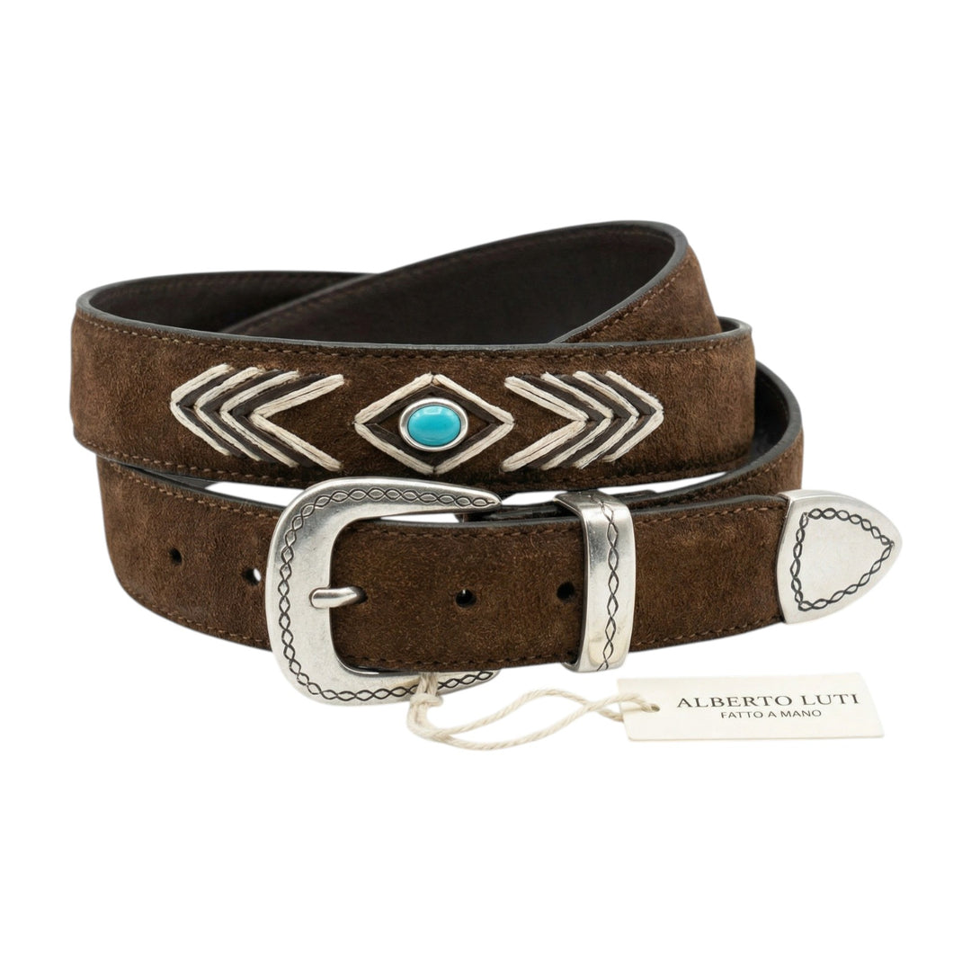 Embroidered Genuine Leather Belt with Burnt Turquoise