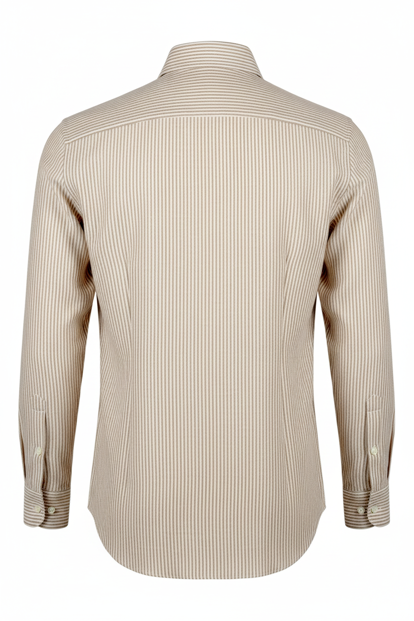 Custom Fit Long Sleeve 100% Linen Striped Shirt Beige-White Washed
