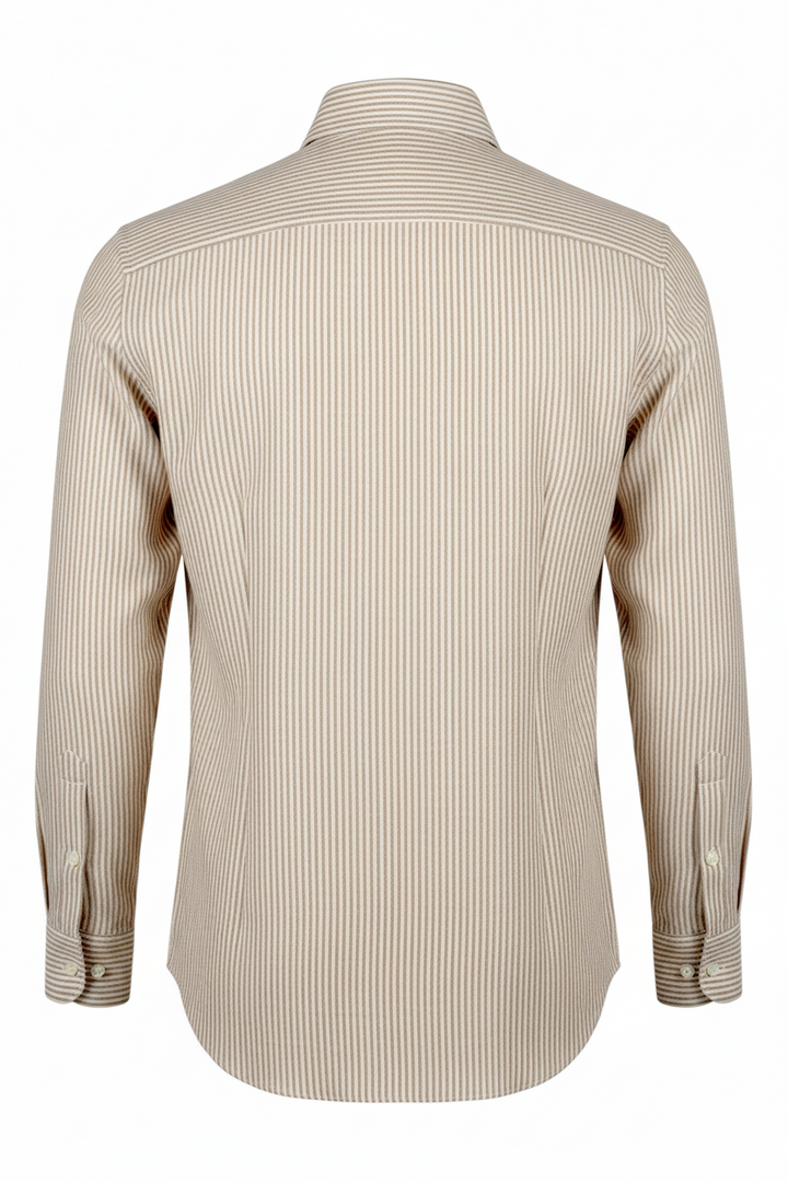 Custom Fit Long Sleeve 100% Linen Striped Shirt Beige-White Washed